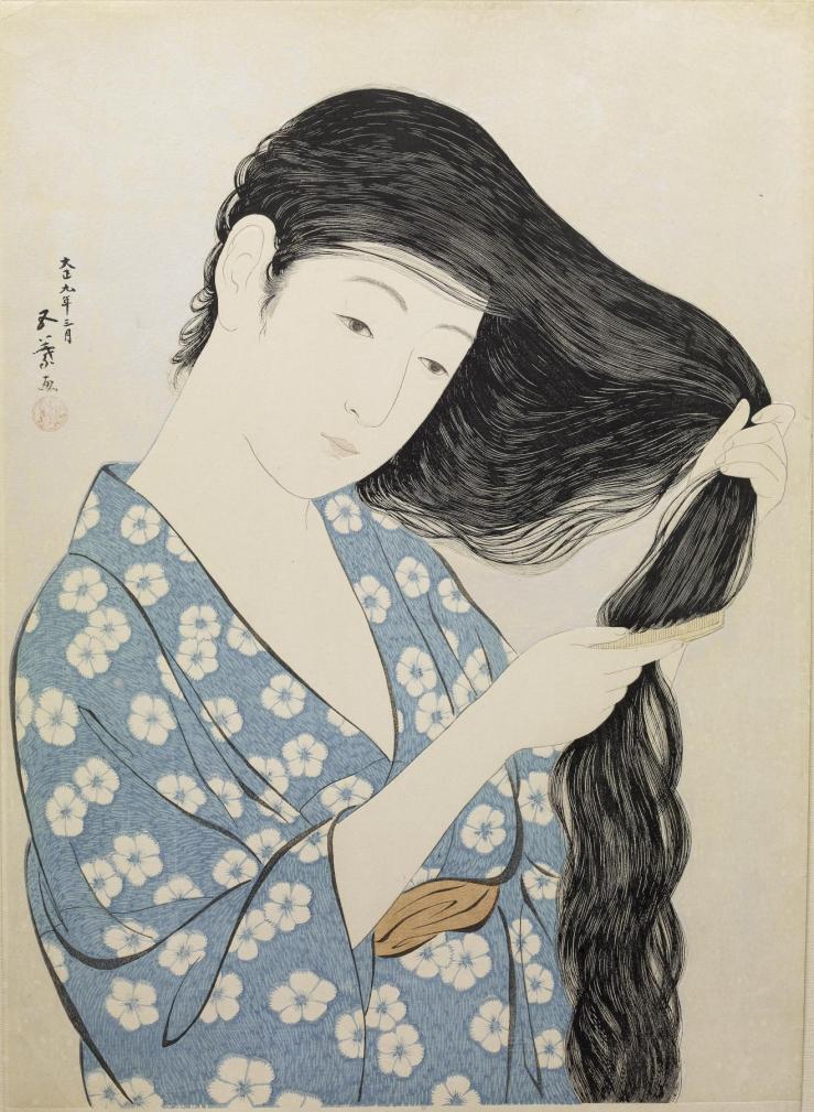 hashiguchi_goyo_-_woman_in_blue_combing_her_hair_-_walters_95880